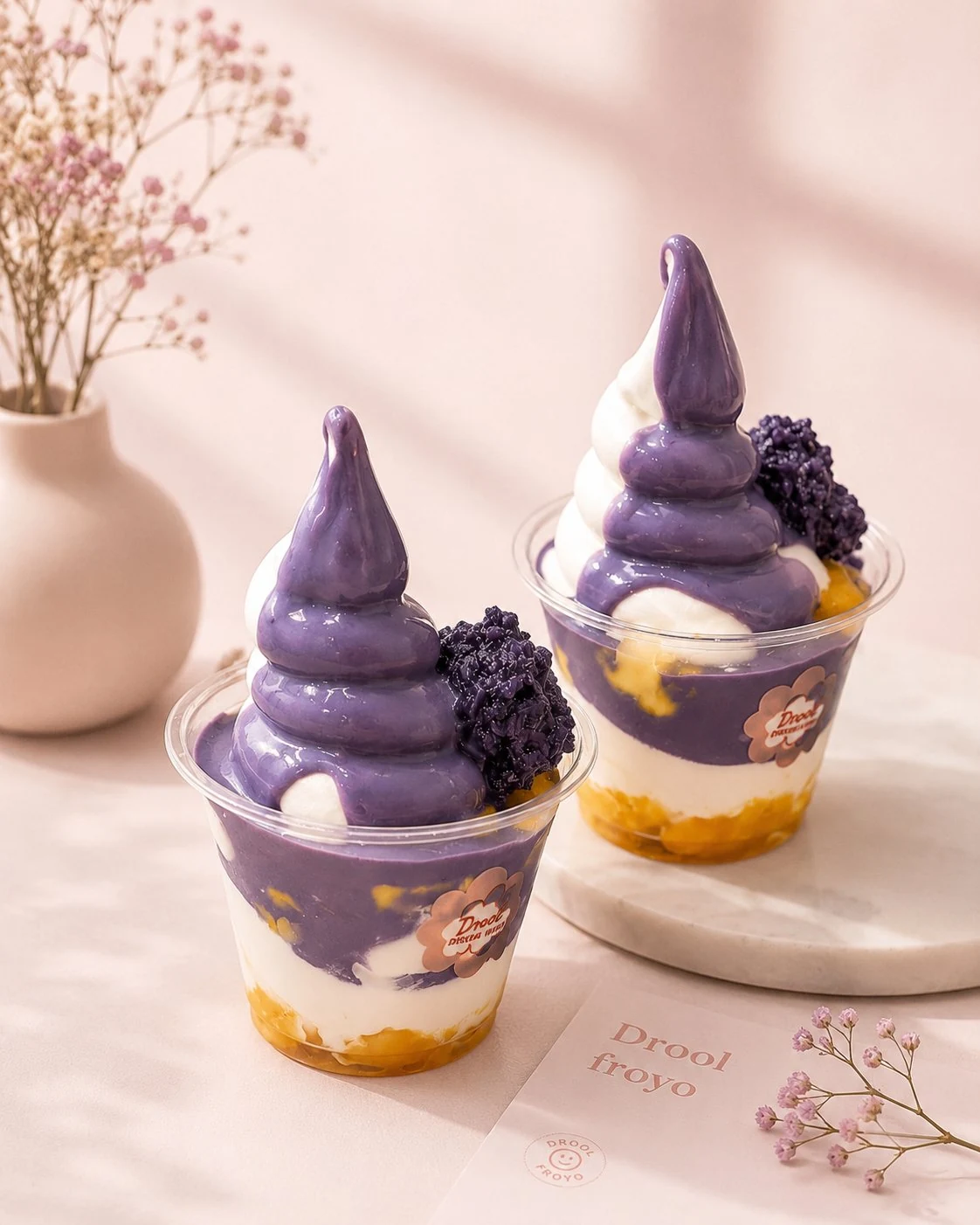 兩杯紫色 Drool Froyo 乳酪雪糕的完整產品展示